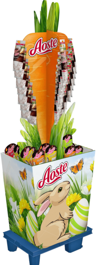 Oster-Schüttendisplay von Aoste in Karottenform mit Hasen-Motiv, befüllt mit Salami-Snacks.
