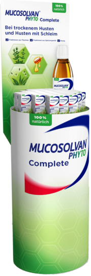 Grün-weißes Mucosolvan Phyto Complete Display mit Hustensaft-Flaschen und der Aufschrift 100% natürlich.