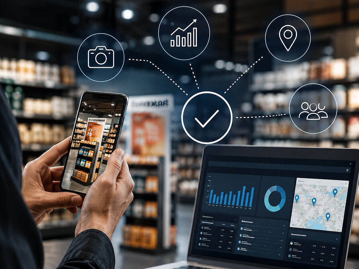 Hände halten ein Smartphone mit Foto eines Supermarktregals, daneben zeigt ein Laptop-Dashboard Analysedaten und verknüpfte Icons.