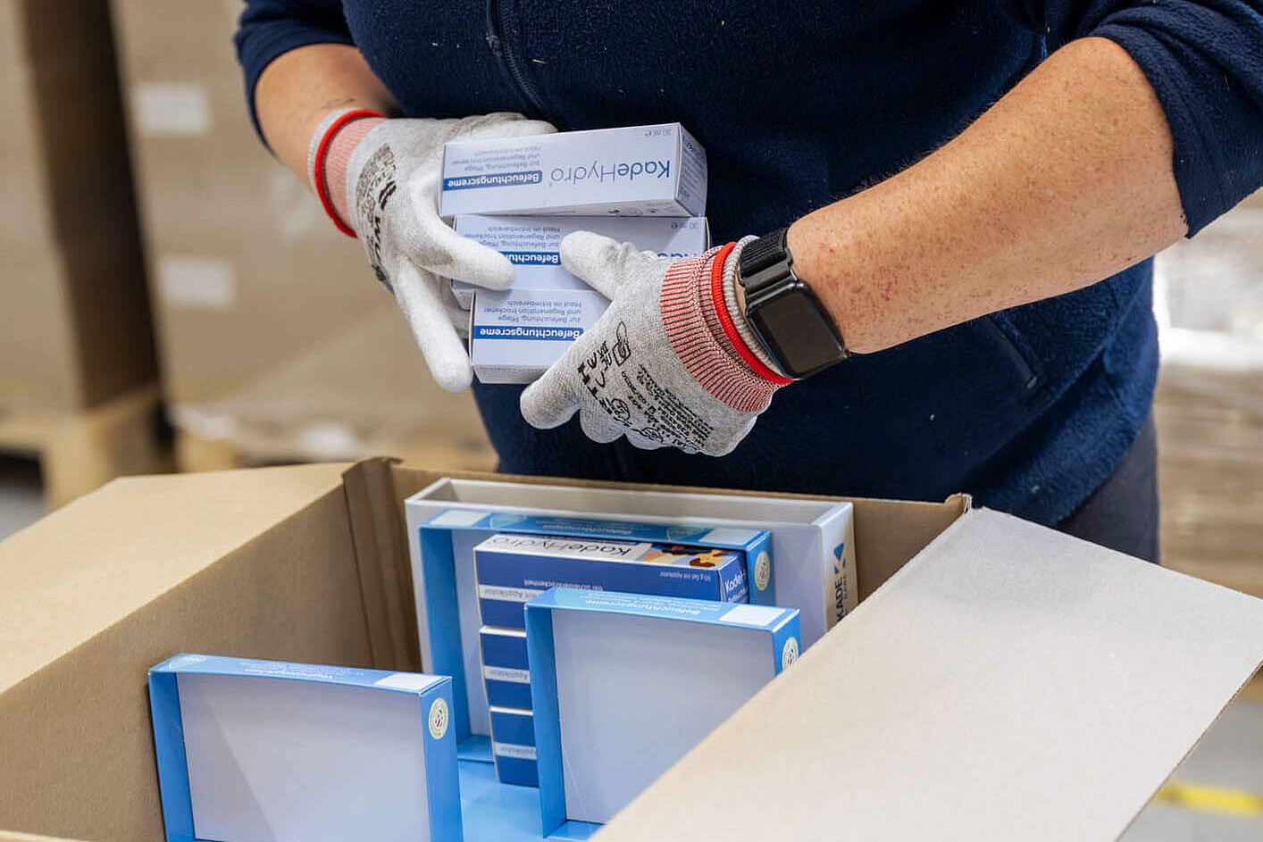 Eine Person in blauer Arbeitskleidung und Schutzhandschuhen packt blaue Produktkartons mit der Aufschrift KadeHydro in einen Versandkarton.