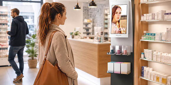 Eine Frau von hinten betrachtet steht in einer Apotheke vor einer digitalen Werbestele mit der Aufschrift Linda Apotheken und Creo Smart.