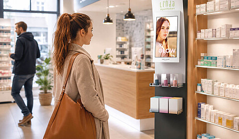 Eine Frau von hinten betrachtet steht in einer Apotheke vor einer digitalen Werbestele mit der Aufschrift Linda Apotheken und Creo Smart.