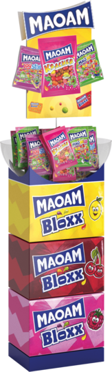 Buntes MAOAM Bloxx Schüttendisplay aus Pappe mit integrierter Schale für Süßwarenpackungen.