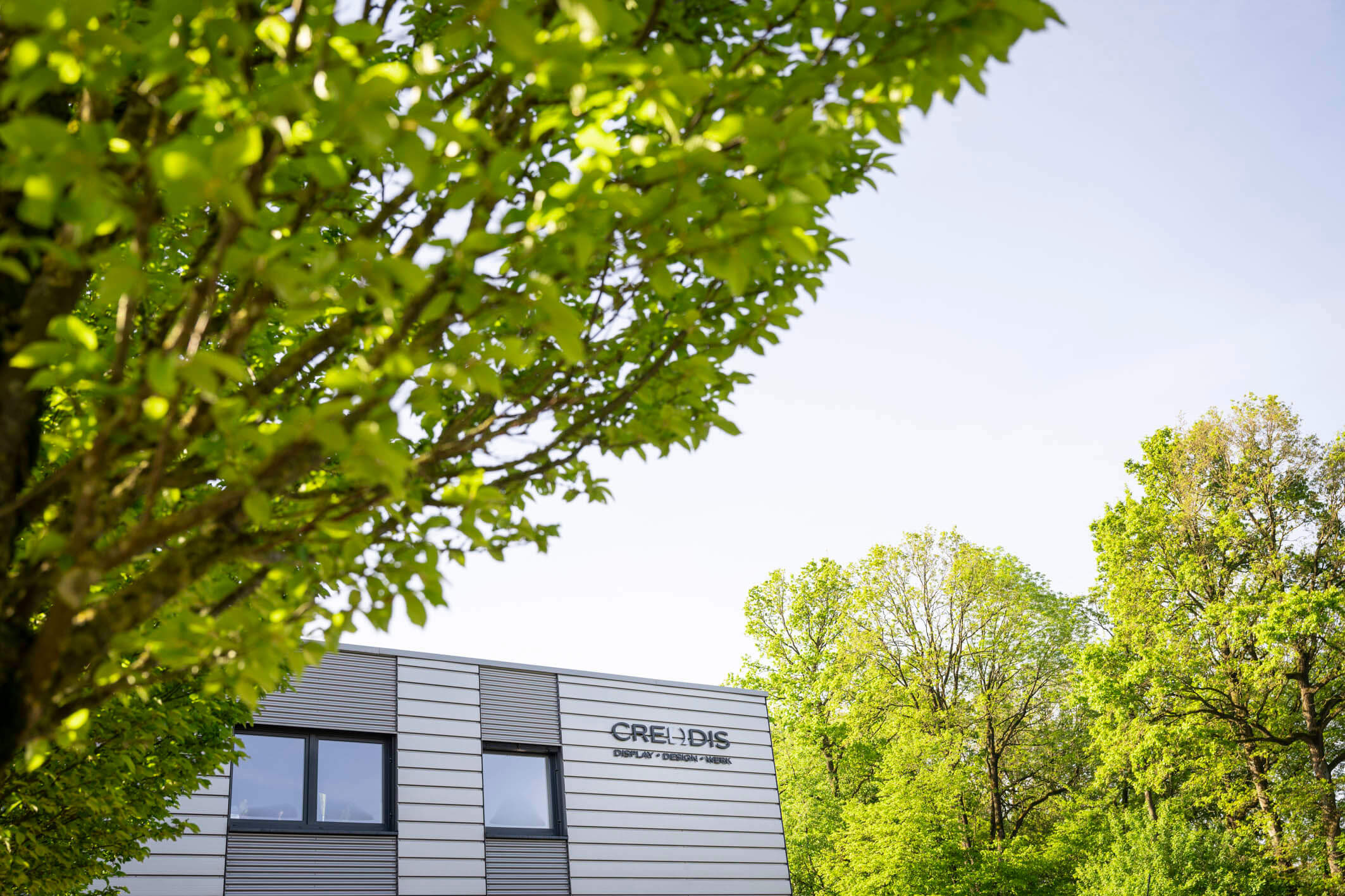 Creodis Gebäude mit einem Baum im Vordergrund